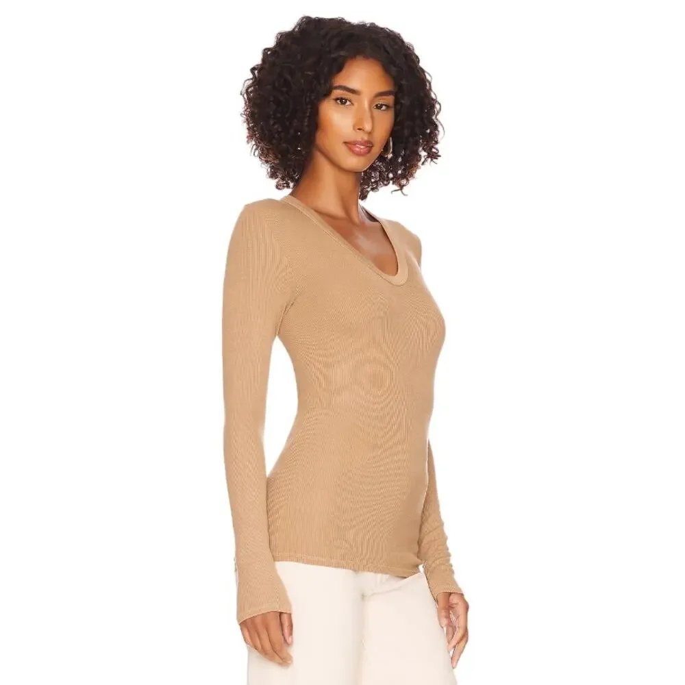 Enza Costa Sand Tan Ribbed U Neck Long Sleeve Top - Picture 2 of 10
